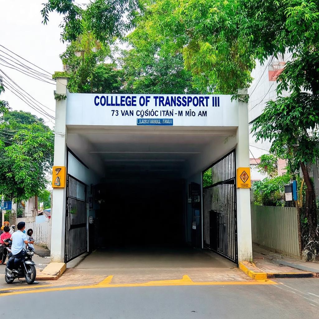 Cổng trường Cao đẳng Giao thông Vận tải Trung ương 3 tại 73 Văn Cao, Tân Phú nhìn từ đường